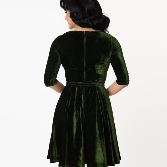 Unique Vintage Olive Velvet Stephanie Fit Flare Dress Medium 6-8 - Picture 2 of 11